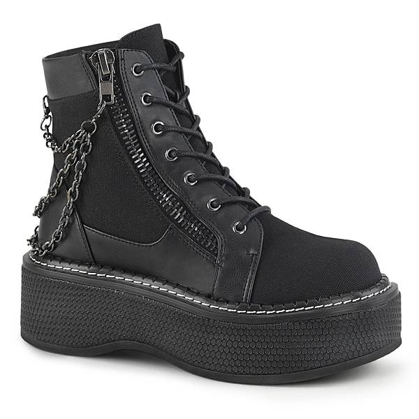 Demonia Women's Emily-114 Platform Ankle Boots - Black Canvas/Vegan Leather D5147-20US Clearance